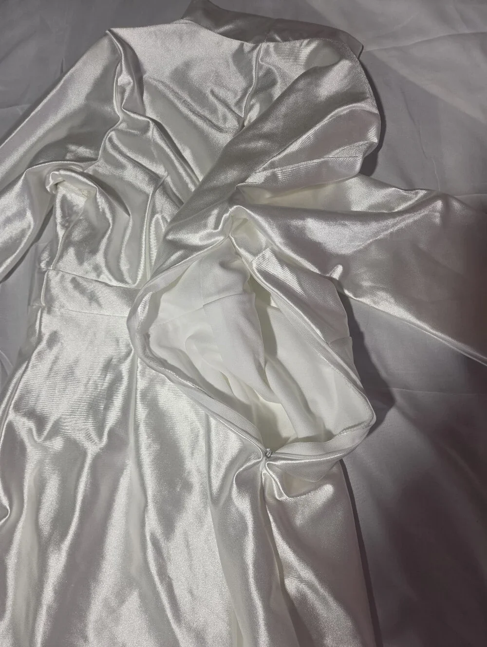 White Satin Long Sleeve V-Neck Wrap Midi Dress with High Low Hem